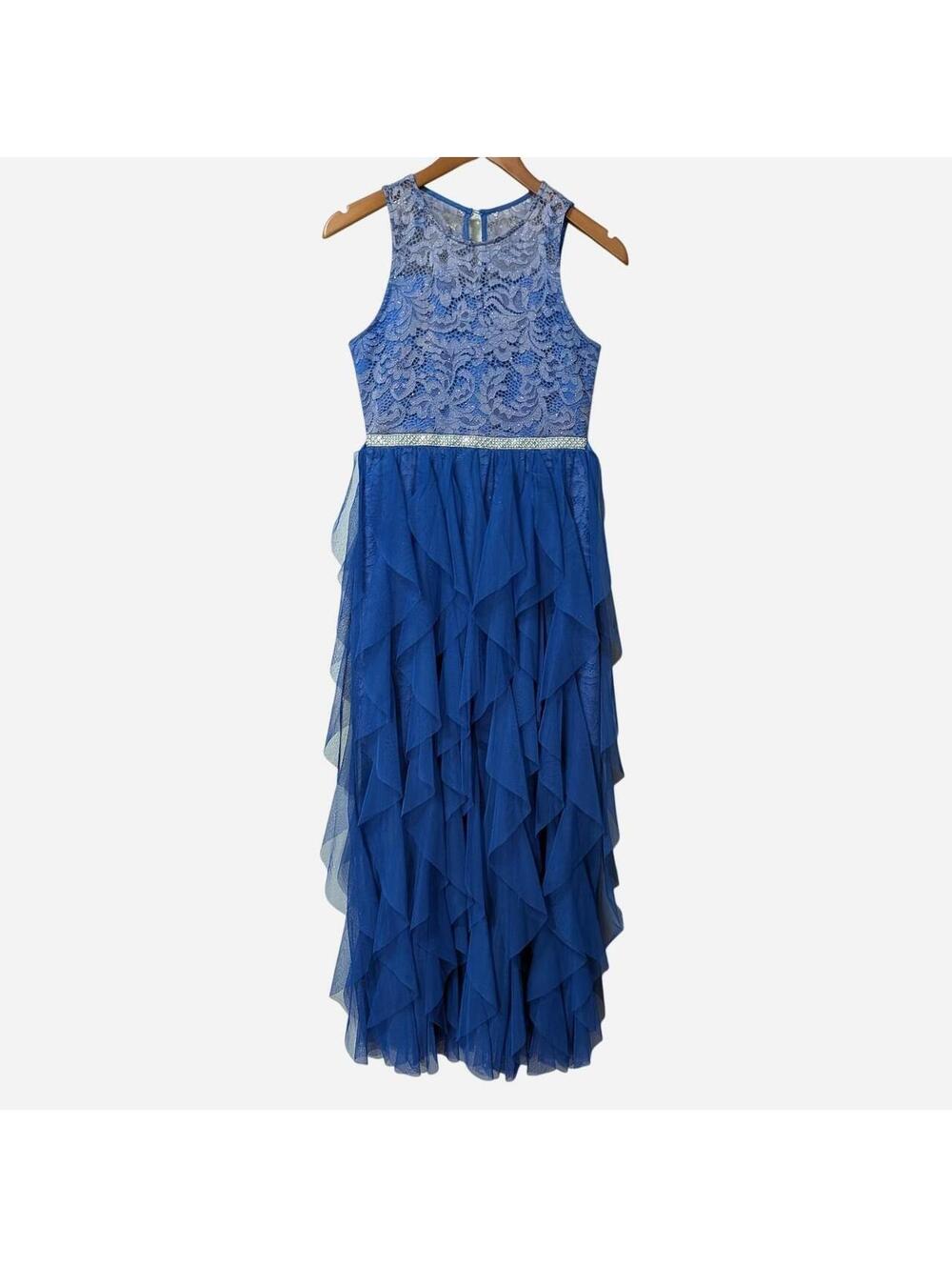 Rare Editions Girls Royal Blue Glitter Lace Cascade Tulle Formal Dress Size 14